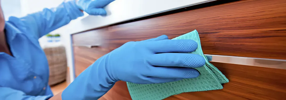 Cleaner wearing blue gloves wiping a wooden cabinet drawer with a microfiber cloth for dust and grime removal, Newark, NJ.